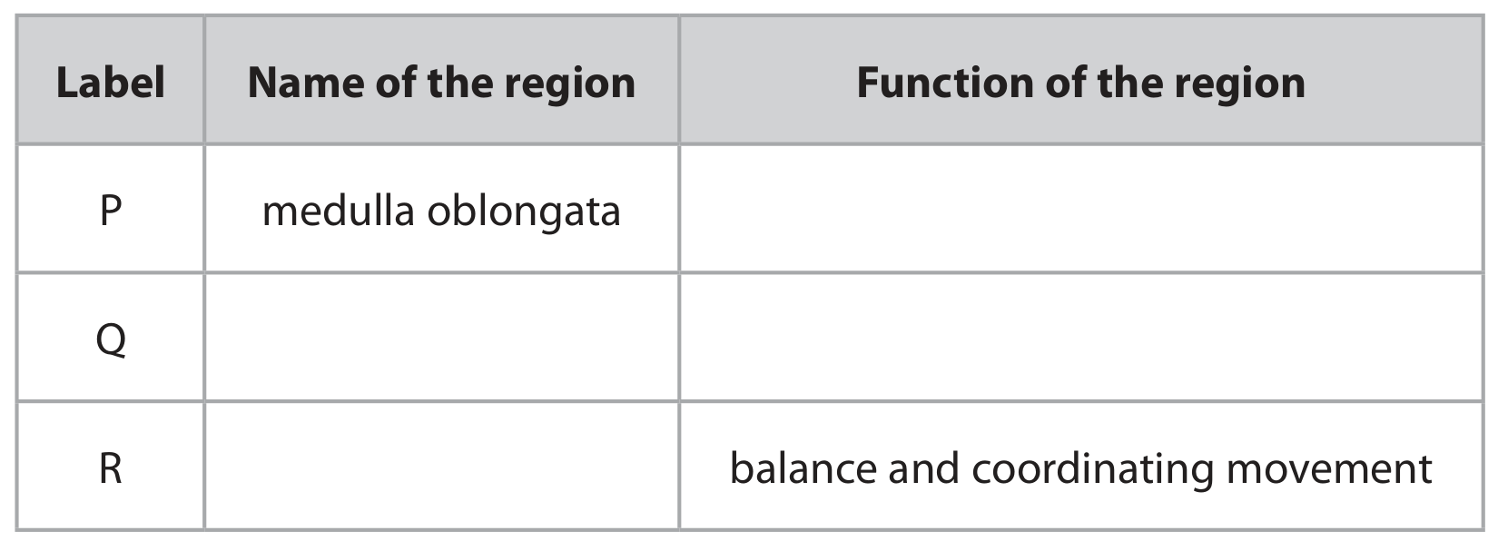 Table for Question 8.14—Human brain regions question 1 — Edexcel A-Level Biology A2